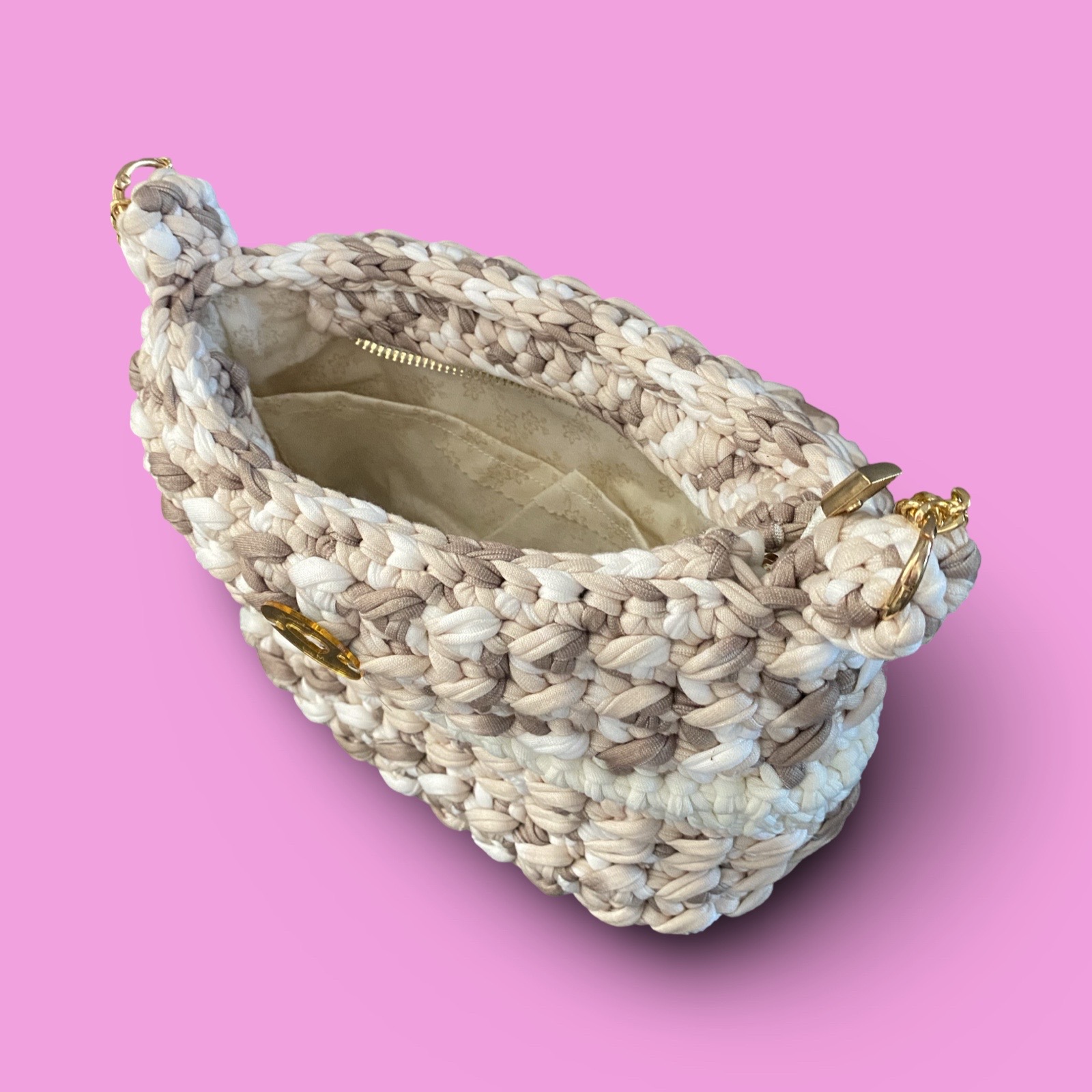 Beige and white multi crochet shoulder bag #0036 - Image 3