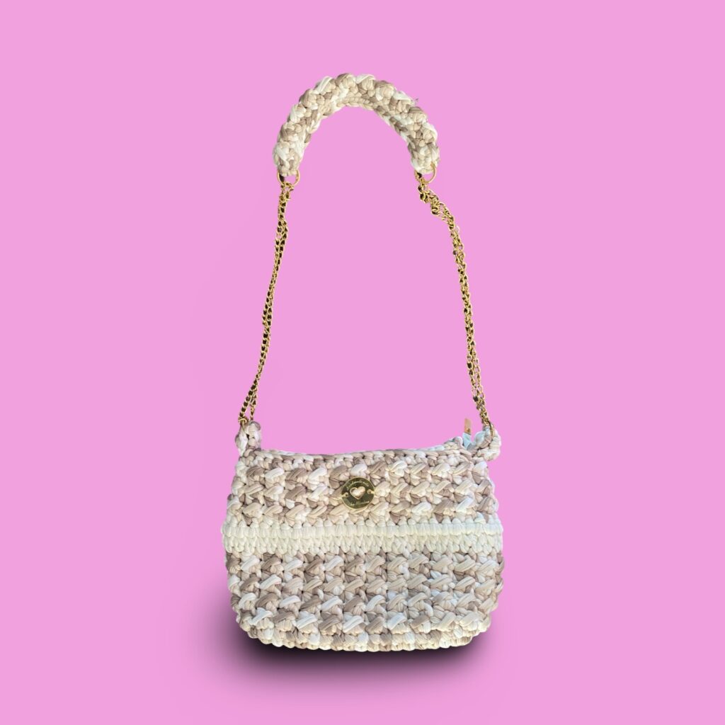Beige and white multi crochet shoulder bag #0036