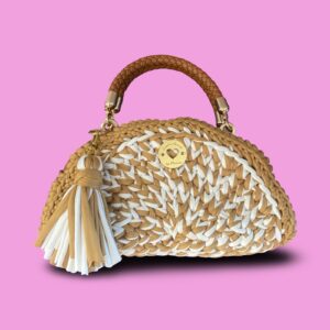 Tan and white crochet hand bag zip up #0007
