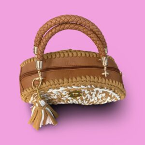 Tan and white crochet hand bag zip up #0007 - Image 2