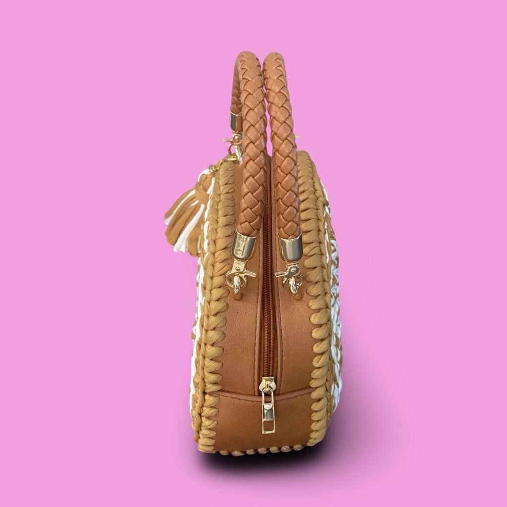 Tan and white crochet hand bag zip up #0007