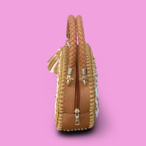 Tan and white crochet hand bag zip up #0007 - Image 4