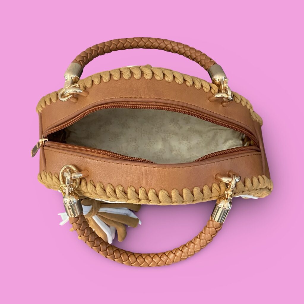 Tan and white crochet hand bag zip up #0007