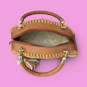 Tan and white crochet hand bag zip up #0007 - Image 3