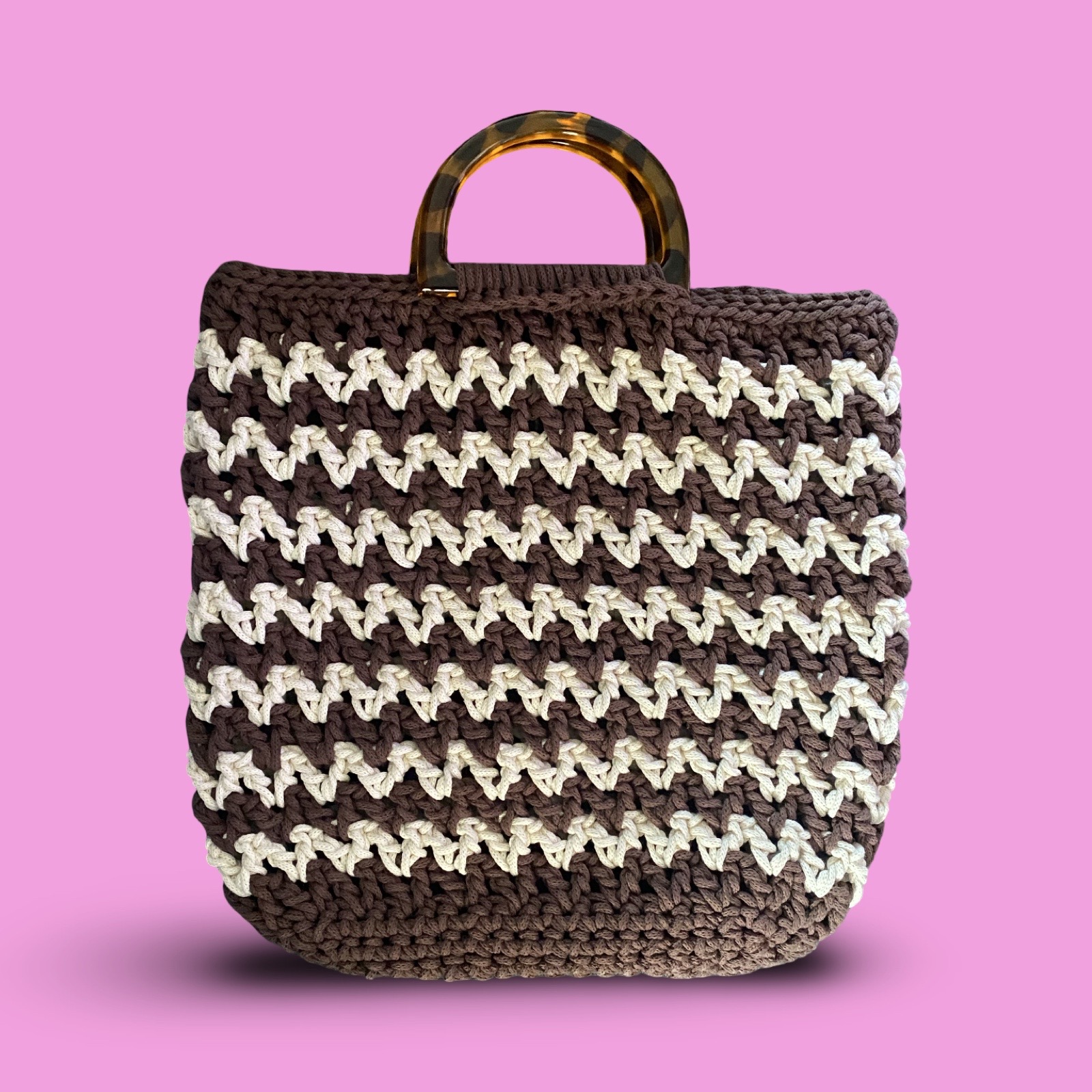 Small Brown and cream crochet shopping bag #0042 - Image 1