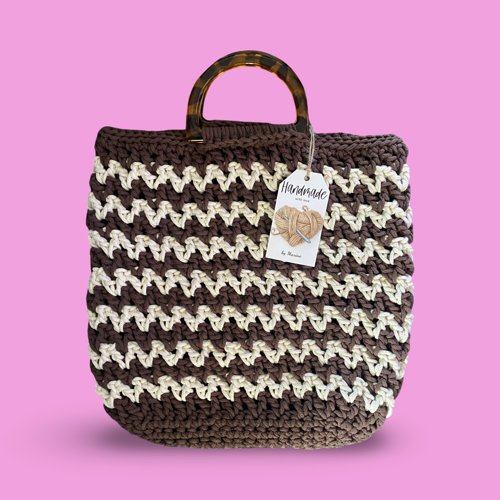 Small Brown and cream crochet shopping bag #0042 - Image 4