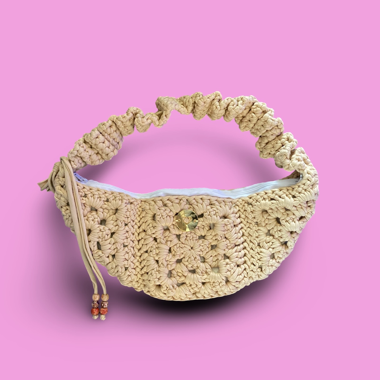 Khaki crochet cross over body bag with adjustable strap #0041 - Image 1
